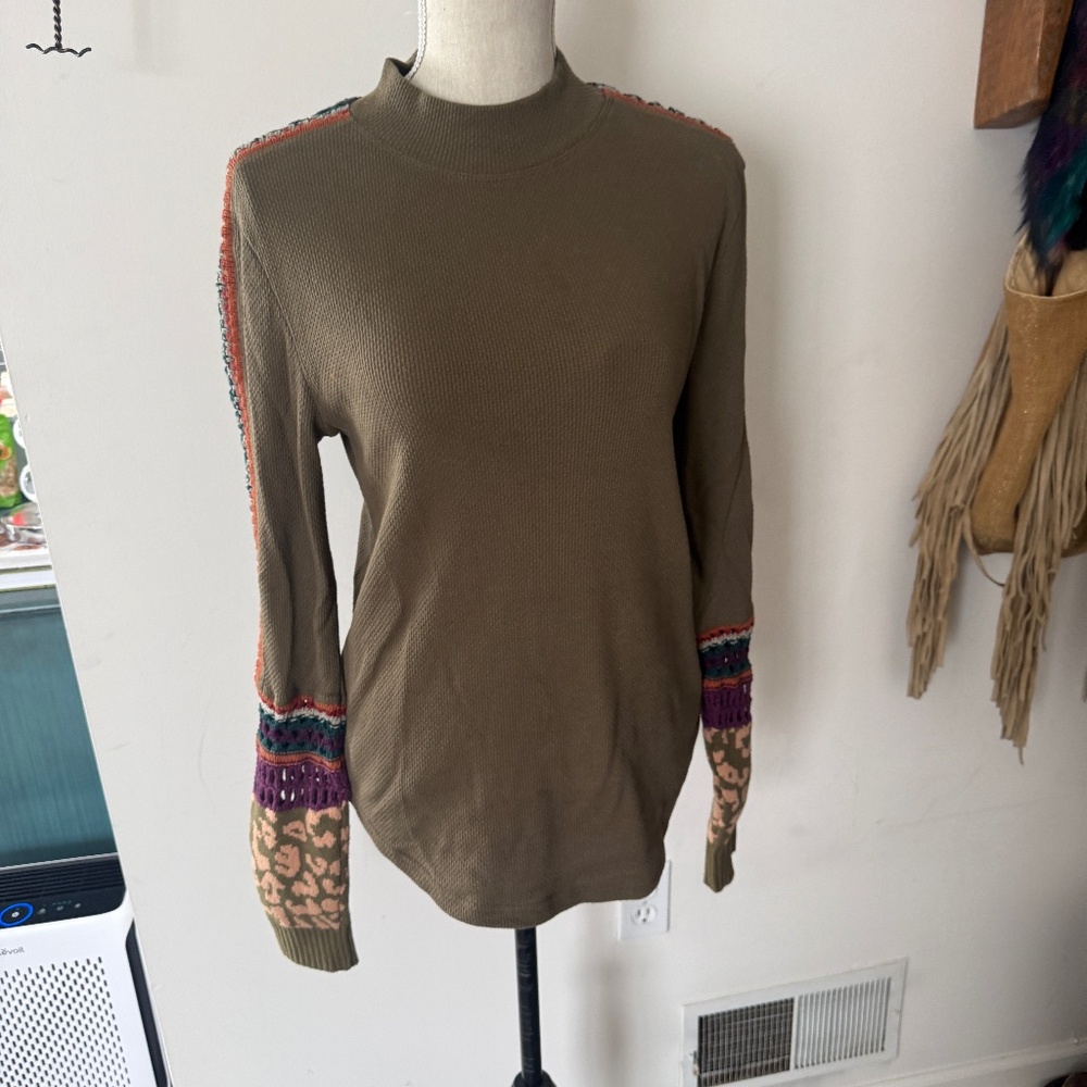 Free People Switch It Up Thermal Top Women’s Size L Army Green Knit Crochet